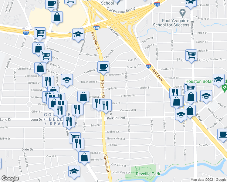 map of restaurants, bars, coffee shops, grocery stores, and more near 7608 Bradford Street in Houston