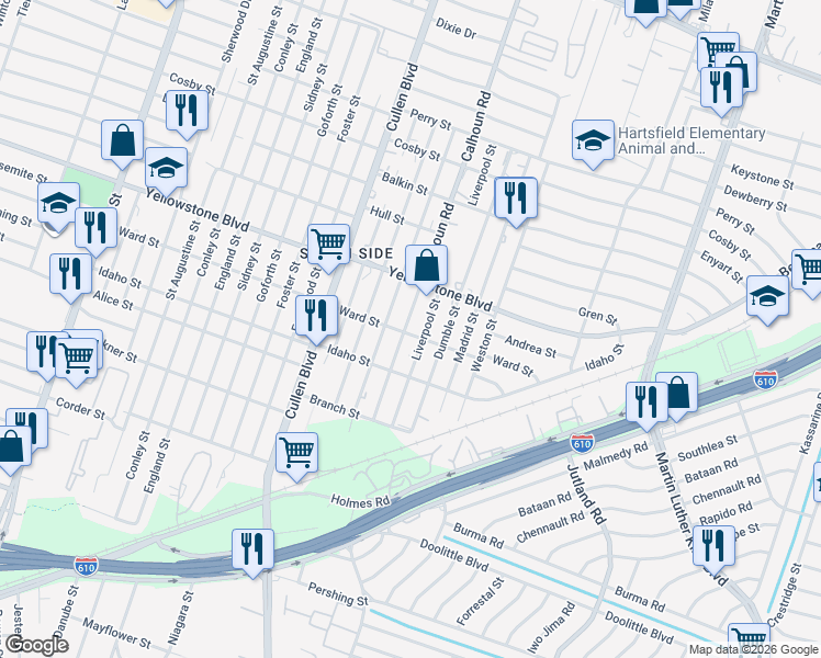 map of restaurants, bars, coffee shops, grocery stores, and more near 6809 Calhoun Road in Houston