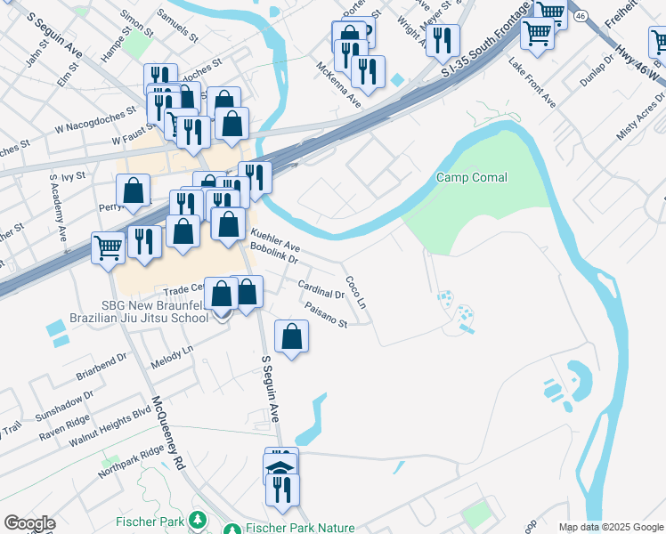 map of restaurants, bars, coffee shops, grocery stores, and more near 354 Bobolink Drive in New Braunfels
