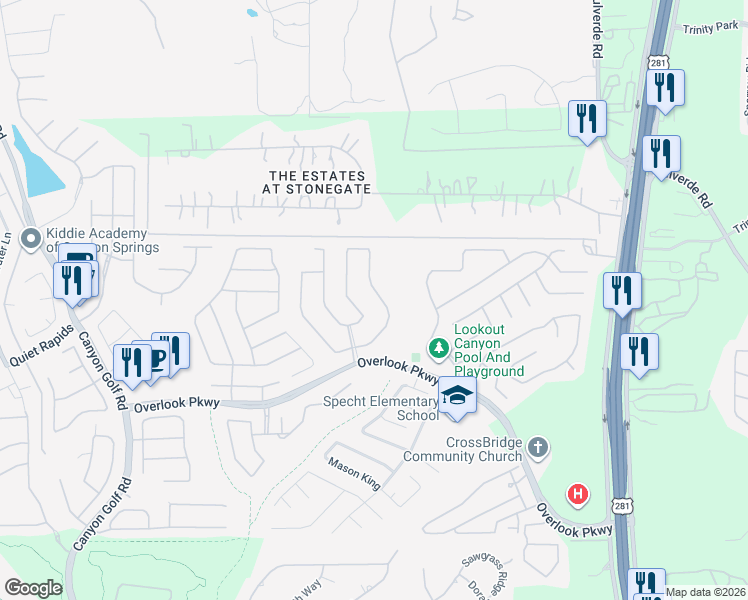 map of restaurants, bars, coffee shops, grocery stores, and more near 26107 Lookout Falls in San Antonio