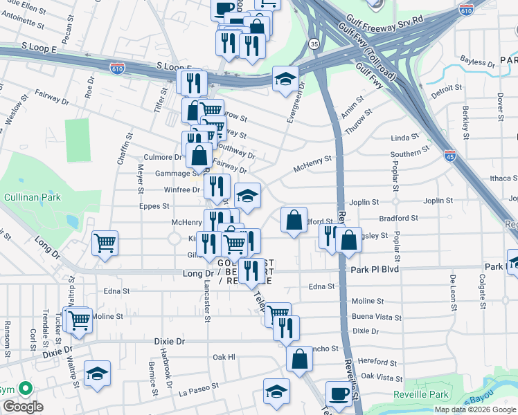 map of restaurants, bars, coffee shops, grocery stores, and more near 7364 Joplin Street in Houston