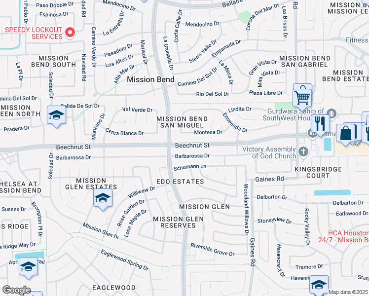 map of restaurants, bars, coffee shops, grocery stores, and more near 15711 Beechnut Street in Houston