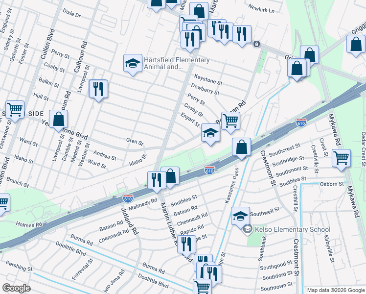 map of restaurants, bars, coffee shops, grocery stores, and more near 6527 Beekman Road in Houston