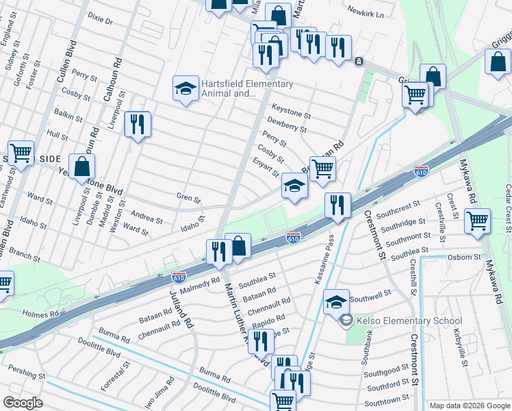 map of restaurants, bars, coffee shops, grocery stores, and more near 6527 Beekman Road in Houston