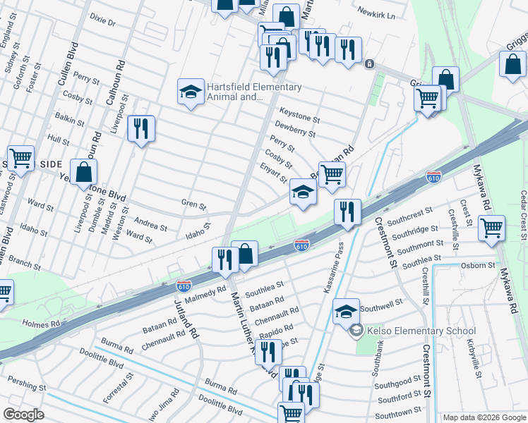 map of restaurants, bars, coffee shops, grocery stores, and more near 6527 Beekman Road in Houston
