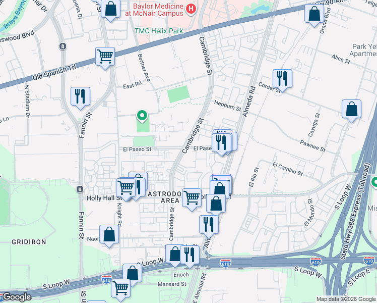 map of restaurants, bars, coffee shops, grocery stores, and more near 8100 Cambridge Street in Houston