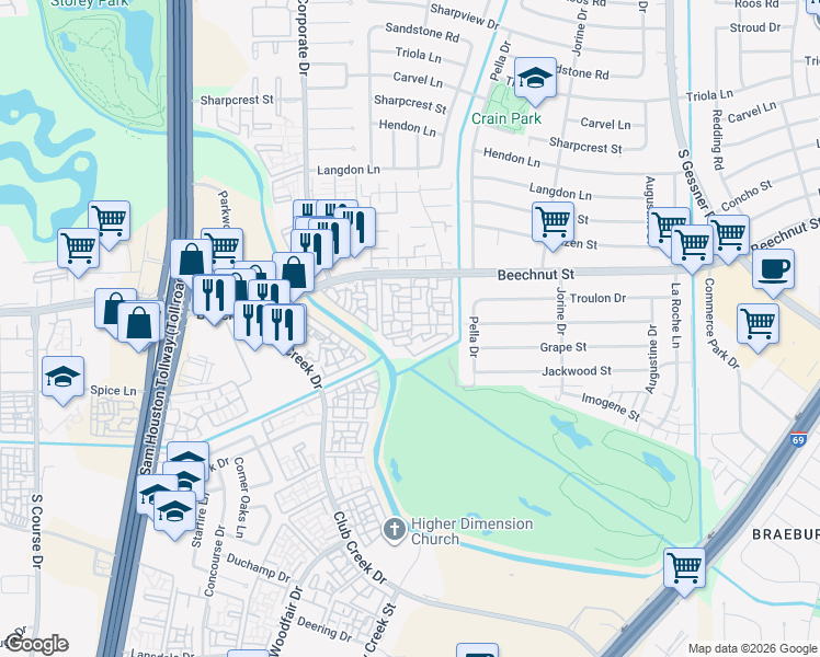 map of restaurants, bars, coffee shops, grocery stores, and more near 8181 Colony Drive in Houston