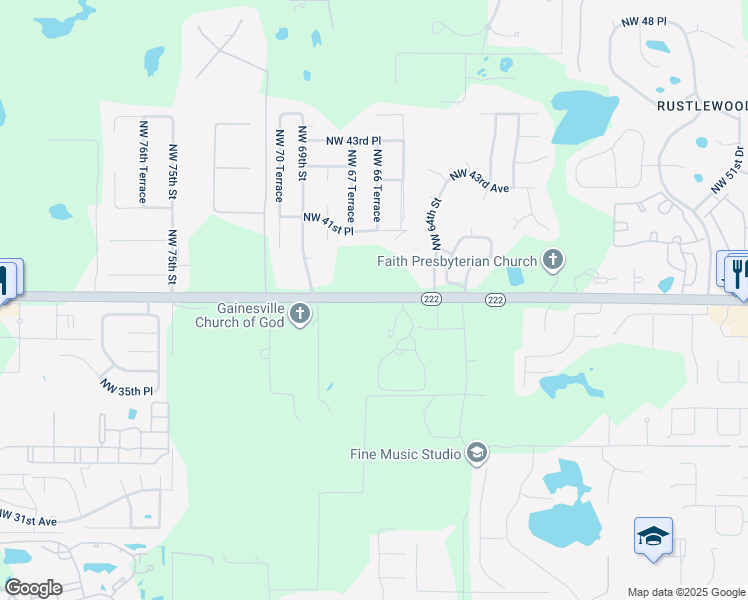 map of restaurants, bars, coffee shops, grocery stores, and more near 6711 Northwest 39th Avenue in Gainesville