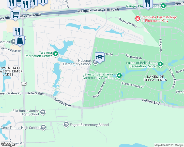 map of restaurants, bars, coffee shops, grocery stores, and more near 24538 Bella Veneza Drive in Richmond