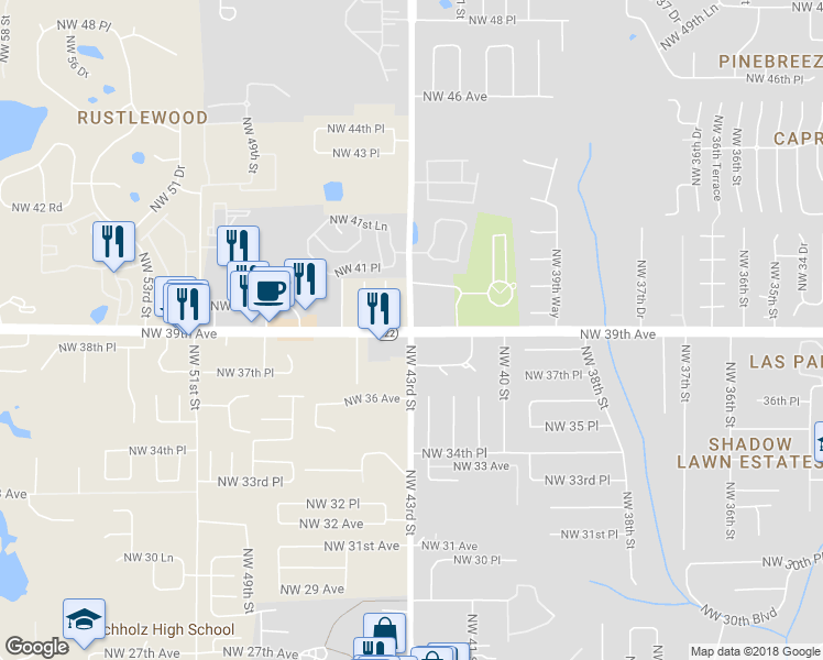 map of restaurants, bars, coffee shops, grocery stores, and more near 4298 Florida 222 in Gainesville