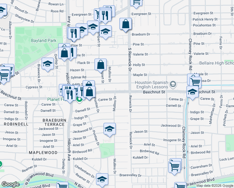 map of restaurants, bars, coffee shops, grocery stores, and more near 5518 Beechnut Street in Houston