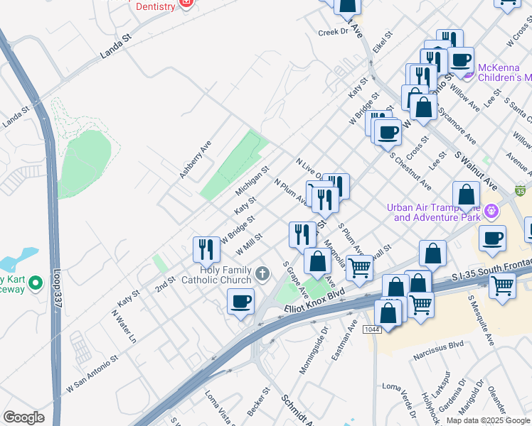 map of restaurants, bars, coffee shops, grocery stores, and more near 295 North Peach Avenue in New Braunfels