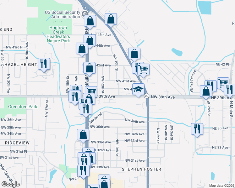 map of restaurants, bars, coffee shops, grocery stores, and more near 1008 Northwest 40 Avenue in Gainesville