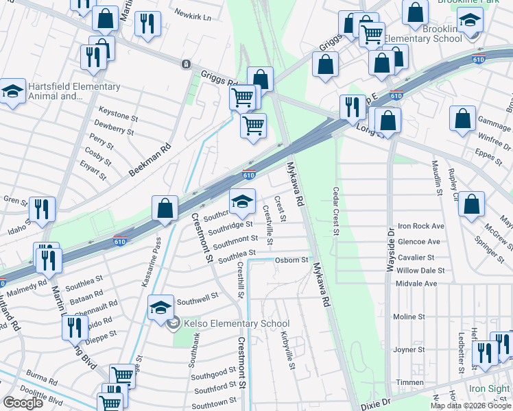 map of restaurants, bars, coffee shops, grocery stores, and more near 6000 South Loop East Freeway in Houston