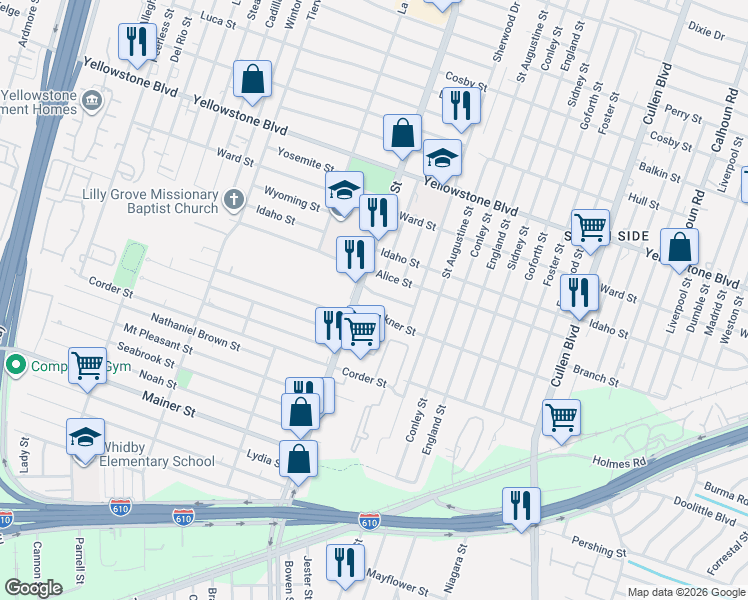 map of restaurants, bars, coffee shops, grocery stores, and more near 3914 Alice Street in Houston