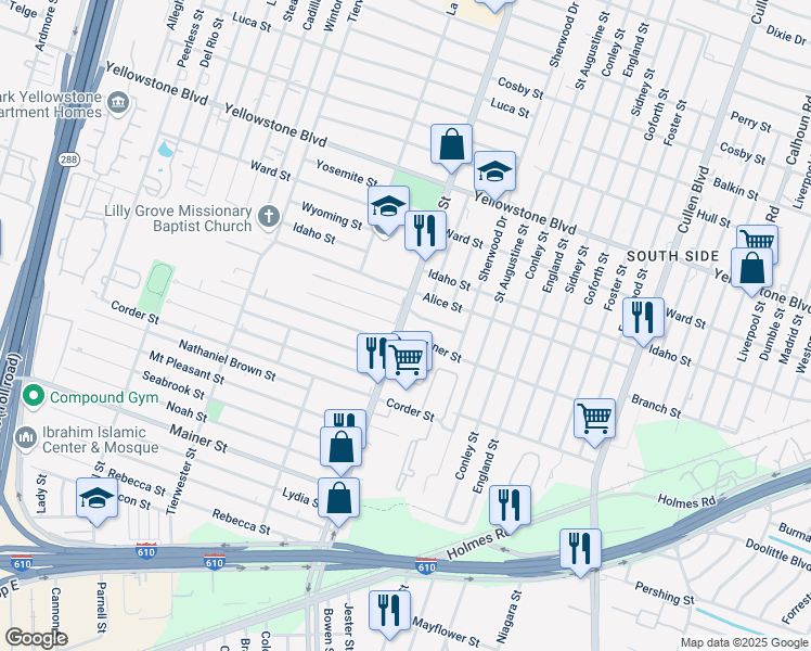 map of restaurants, bars, coffee shops, grocery stores, and more near 3830 Southlawn Street in Houston
