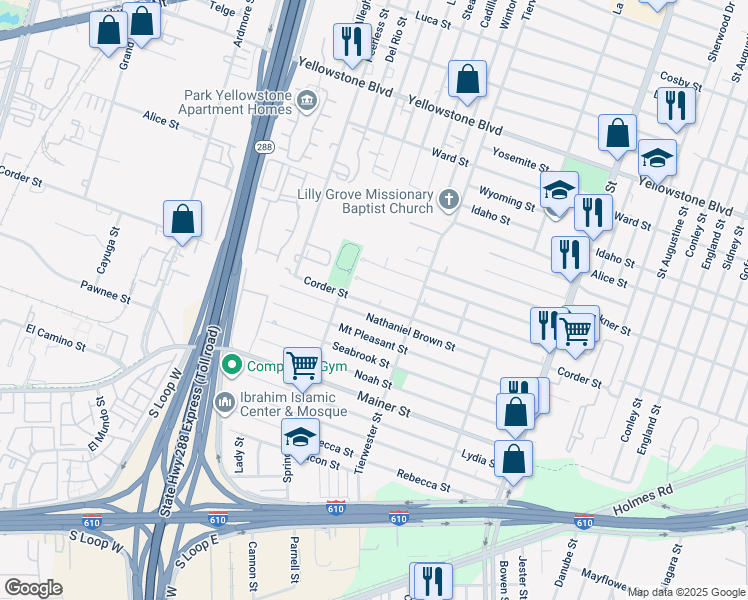 map of restaurants, bars, coffee shops, grocery stores, and more near 3533 Dreyfus Street in Houston