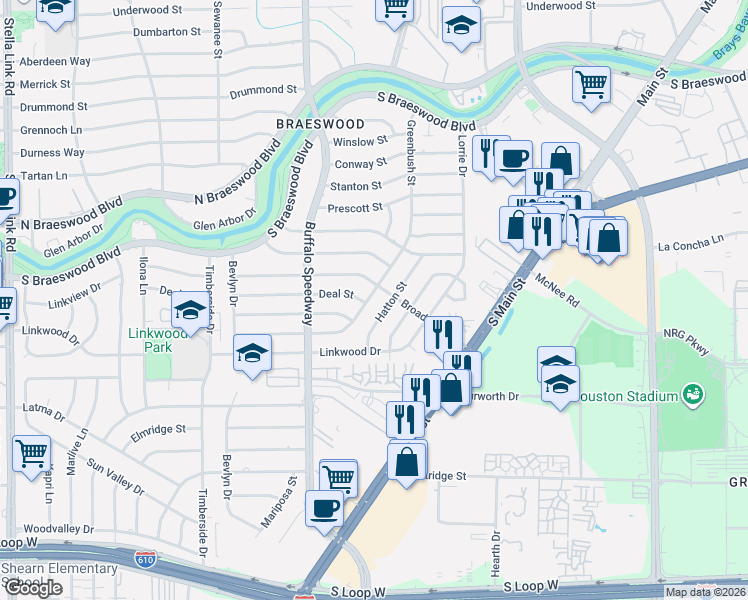 map of restaurants, bars, coffee shops, grocery stores, and more near 8427 Greenbush Street in Houston
