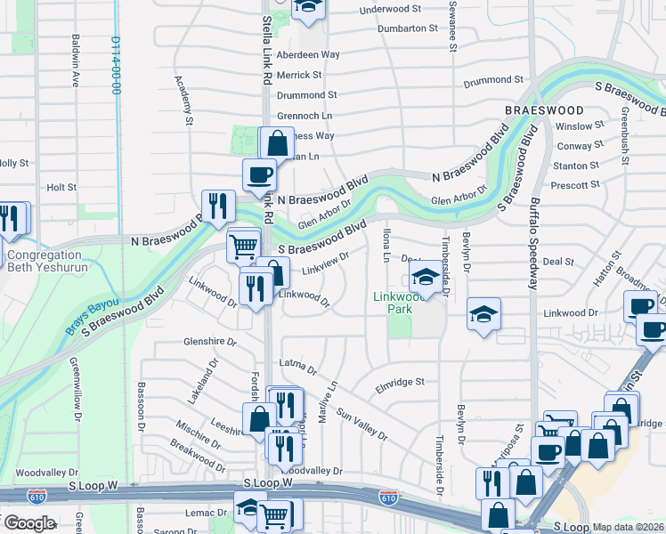 map of restaurants, bars, coffee shops, grocery stores, and more near 3805 South Braeswood Boulevard in Houston
