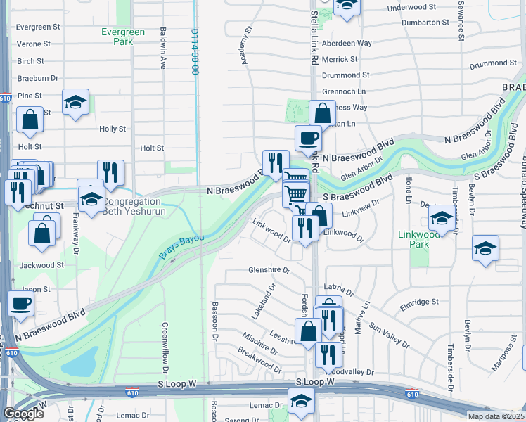 map of restaurants, bars, coffee shops, grocery stores, and more near 4042 South Braeswood Boulevard in Houston