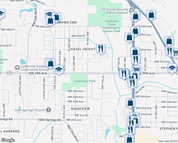 map of restaurants, bars, coffee shops, grocery stores, and more near 1834 Northwest 39th Avenue in Gainesville