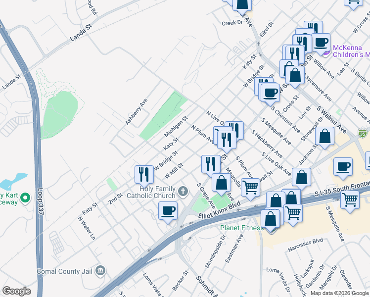 map of restaurants, bars, coffee shops, grocery stores, and more near 1854 West Bridge Street in New Braunfels