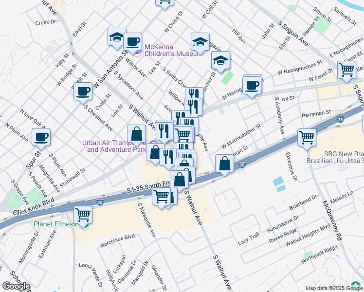 map of restaurants, bars, coffee shops, grocery stores, and more near 651 South Walnut Avenue in New Braunfels