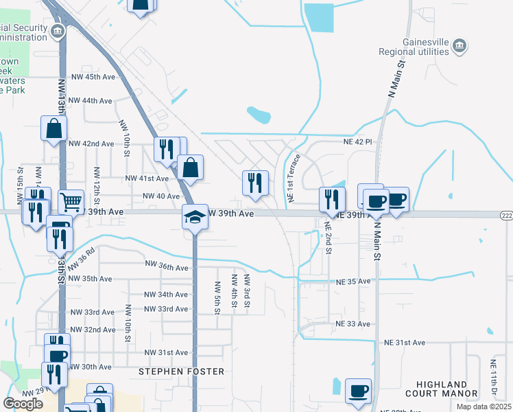 map of restaurants, bars, coffee shops, grocery stores, and more near 120 Northwest 39th Avenue in Gainesville