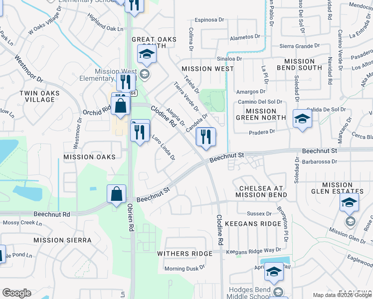 map of restaurants, bars, coffee shops, grocery stores, and more near 8000 Clodine Road in Houston