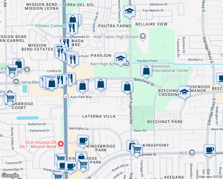 map of restaurants, bars, coffee shops, grocery stores, and more near 14235 Beech Glen Drive in Houston