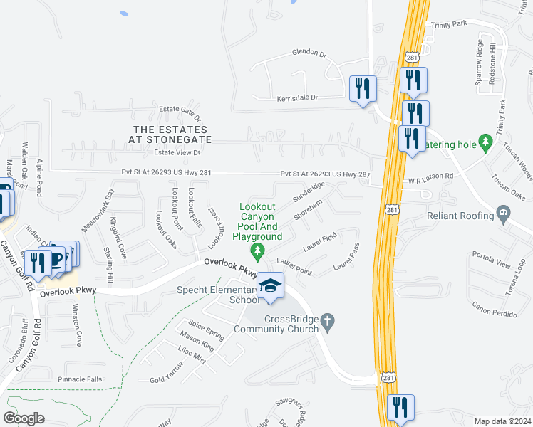 map of restaurants, bars, coffee shops, grocery stores, and more near 1911 Sunderidge in San Antonio
