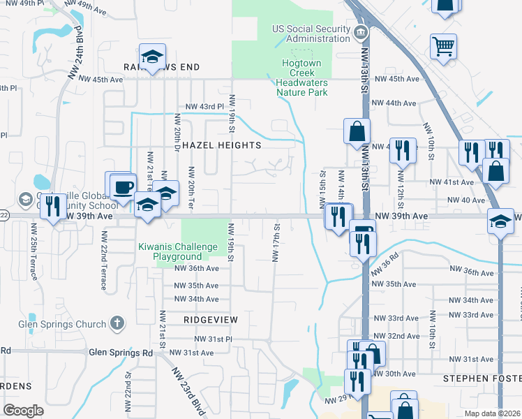 map of restaurants, bars, coffee shops, grocery stores, and more near 1800 Northwest 41st Lane in Gainesville