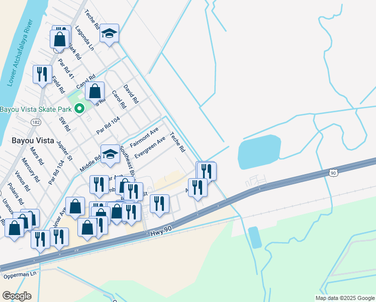 map of restaurants, bars, coffee shops, grocery stores, and more near 1129 Teche Road in Morgan City