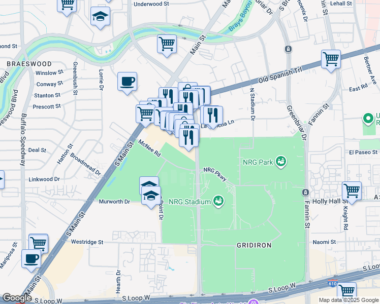 map of restaurants, bars, coffee shops, grocery stores, and more near 8236 Kirby Drive in Houston