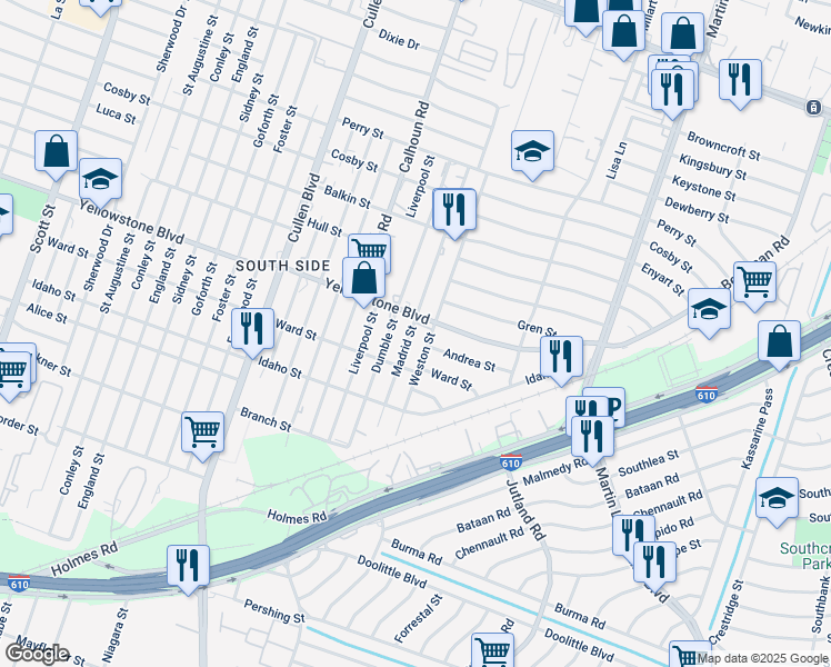 map of restaurants, bars, coffee shops, grocery stores, and more near 6715 Madrid Street in Houston