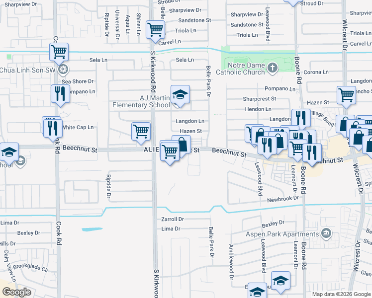 map of restaurants, bars, coffee shops, grocery stores, and more near  in Houston