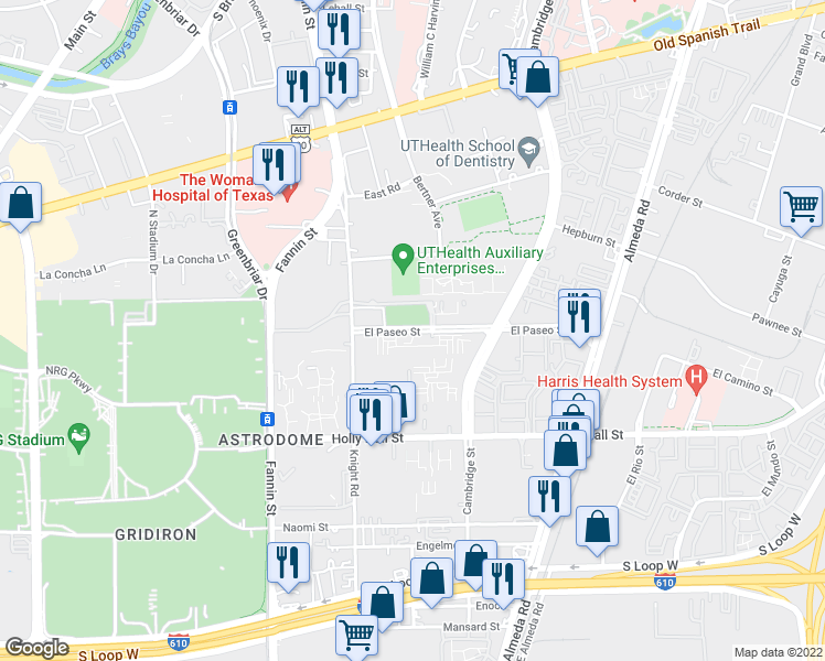 map of restaurants, bars, coffee shops, grocery stores, and more near 1885 El Paseo St in Houston