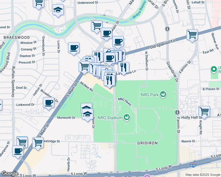 map of restaurants, bars, coffee shops, grocery stores, and more near 8236 Kirby Drive in Houston
