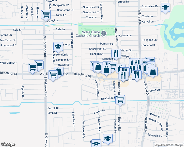 map of restaurants, bars, coffee shops, grocery stores, and more near 11403 Hazen Street in Houston