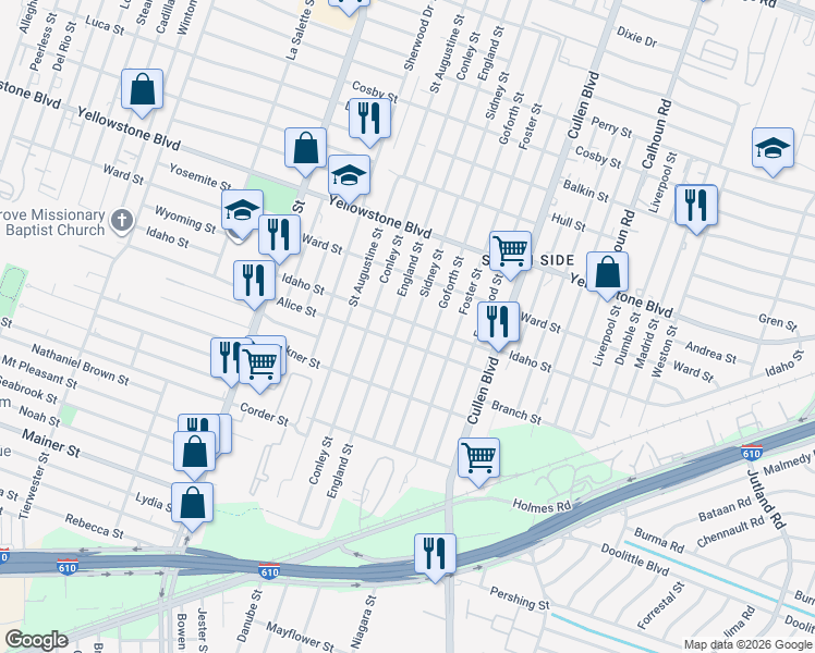 map of restaurants, bars, coffee shops, grocery stores, and more near 6636 England Street in Houston
