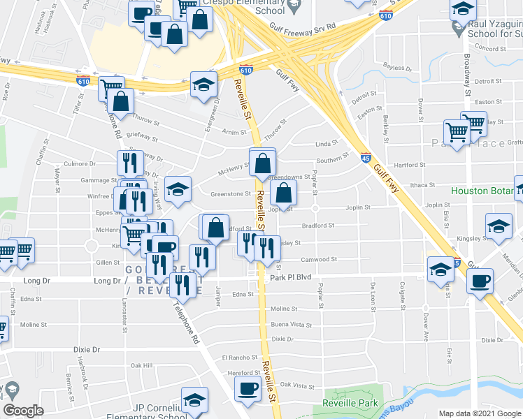 map of restaurants, bars, coffee shops, grocery stores, and more near Reveille St & Joplin St in Houston