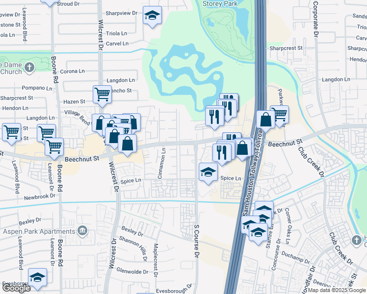 map of restaurants, bars, coffee shops, grocery stores, and more near 8323 Cinnamon Lane in Houston