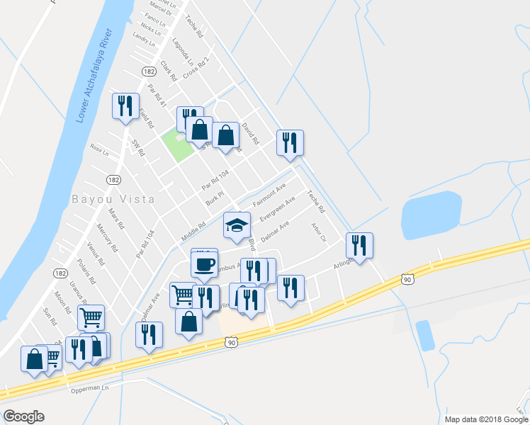 map of restaurants, bars, coffee shops, grocery stores, and more near 1429 Evergreen Avenue in Morgan City