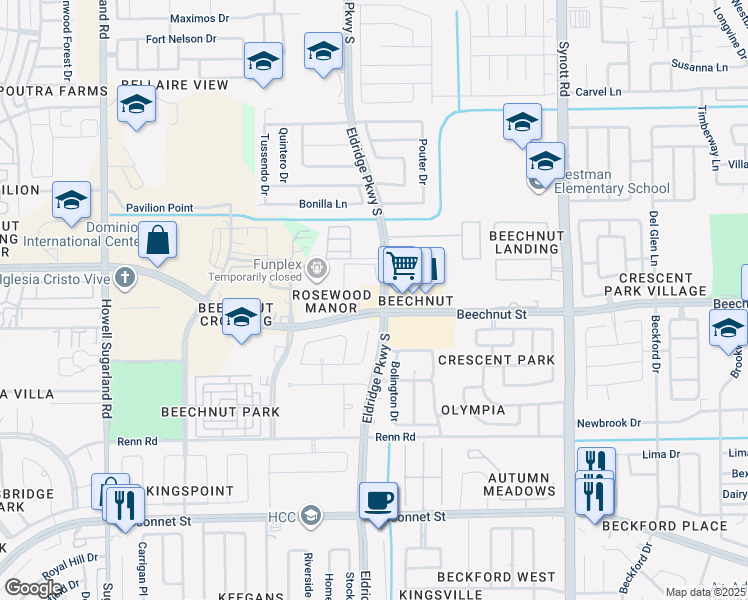 map of restaurants, bars, coffee shops, grocery stores, and more near 13600 Beechnut Street in Houston