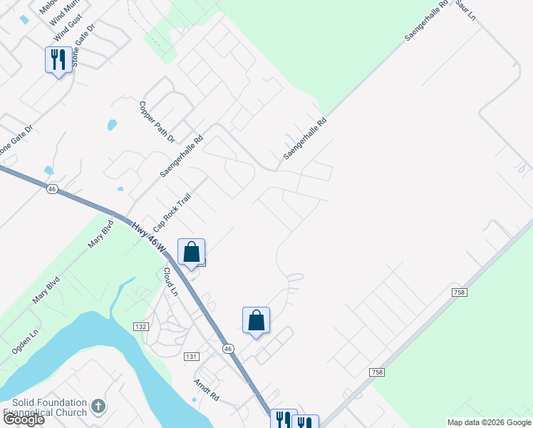 map of restaurants, bars, coffee shops, grocery stores, and more near 345 Flat Land Pass in New Braunfels