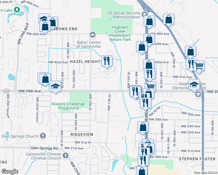 map of restaurants, bars, coffee shops, grocery stores, and more near 1700 Northwest 39th Avenue in Gainesville
