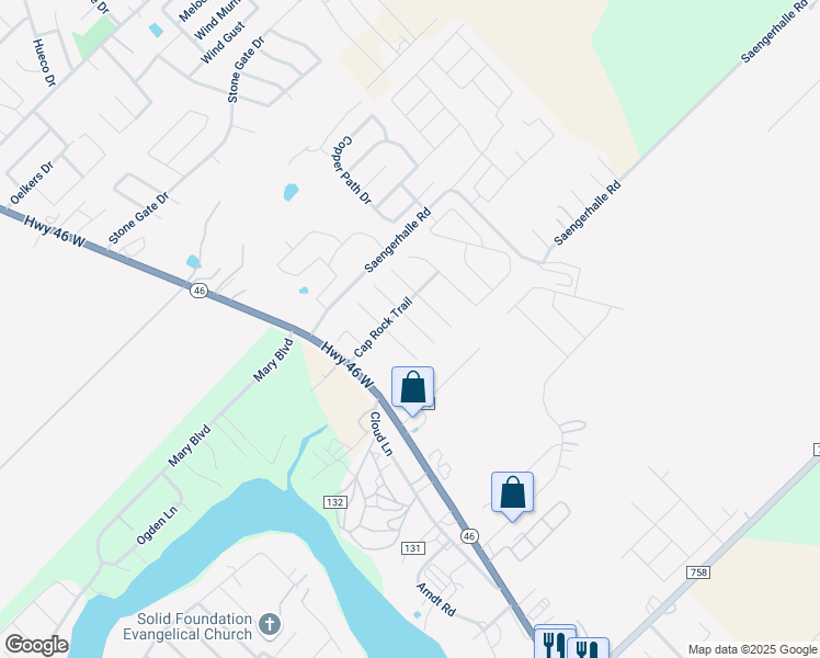 map of restaurants, bars, coffee shops, grocery stores, and more near 1518 Prairie Rock in New Braunfels