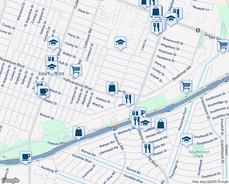map of restaurants, bars, coffee shops, grocery stores, and more near 5011 Gren Street in Houston