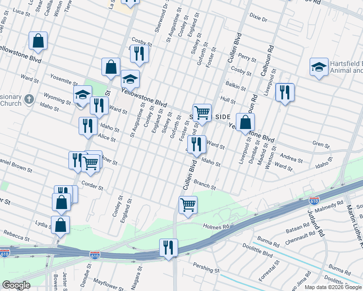 map of restaurants, bars, coffee shops, grocery stores, and more near 6805 Foster Street in Houston