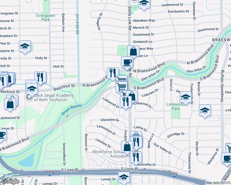 map of restaurants, bars, coffee shops, grocery stores, and more near 4055 South Braeswood Boulevard in Houston